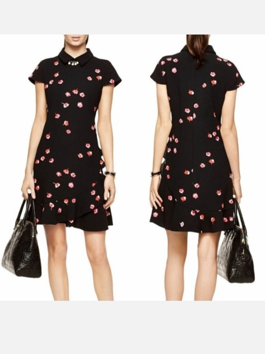 Kate Spade Black Floral Short-Sleeve Ruffle-Hem Dress